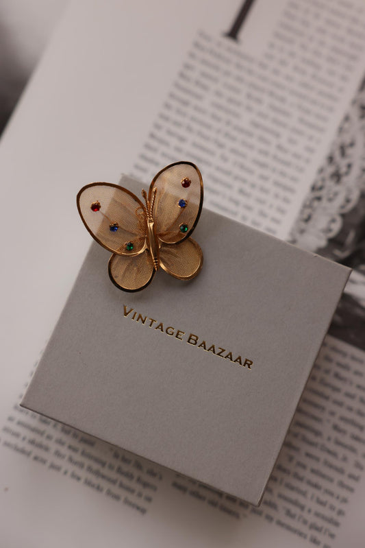 Golden Butterfly Brooch with Gem Accents|Vintage Baazaar 