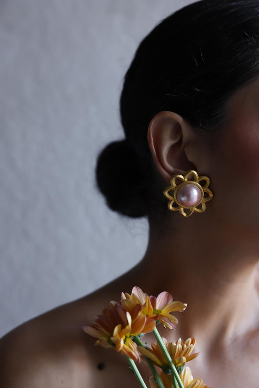 Petal Frame Clip-On Earrings with Pink Cabochon Center|Vintage Baazaar 