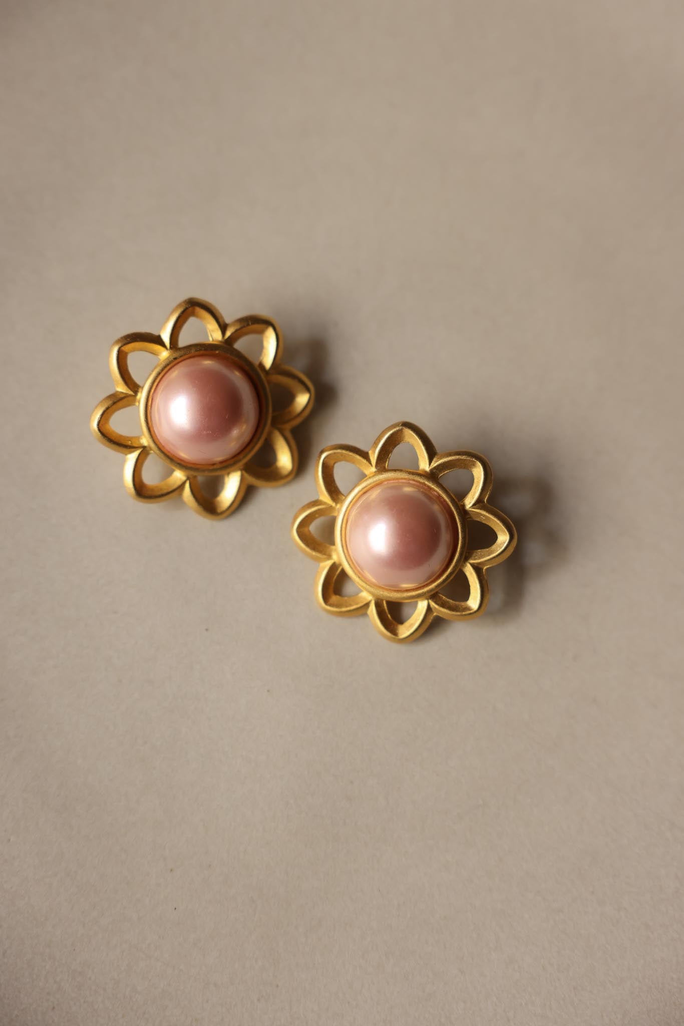 Petal Frame Clip-On Earrings with Pink Cabochon Center|Vintage Baazaar 