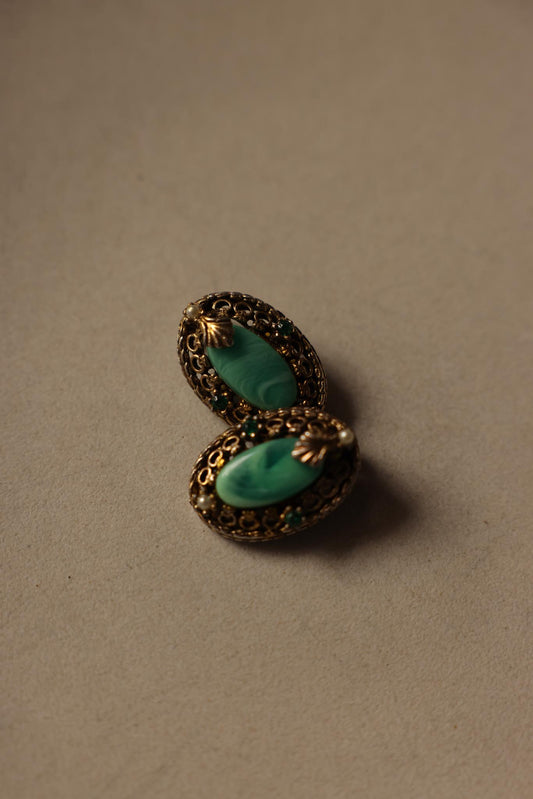 Antique Green Oval Clip-On Earrings