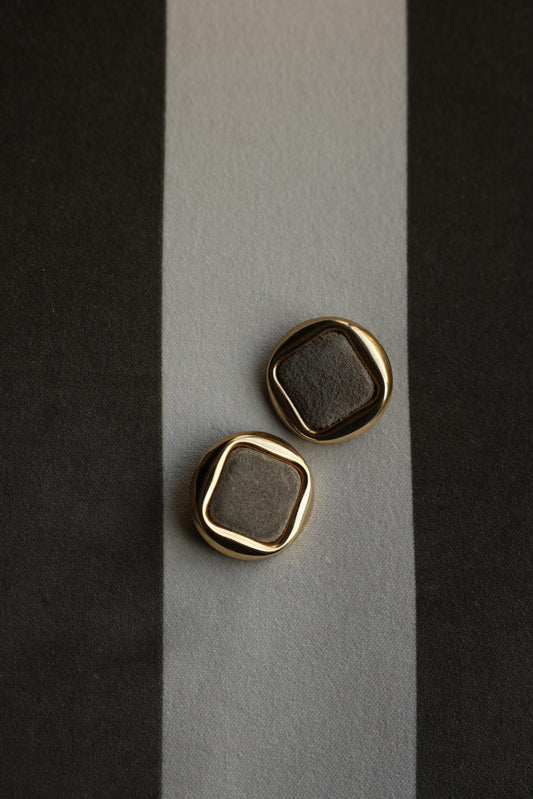 Gold-Tone Square Clip-On Earrings with Grey Suede Center