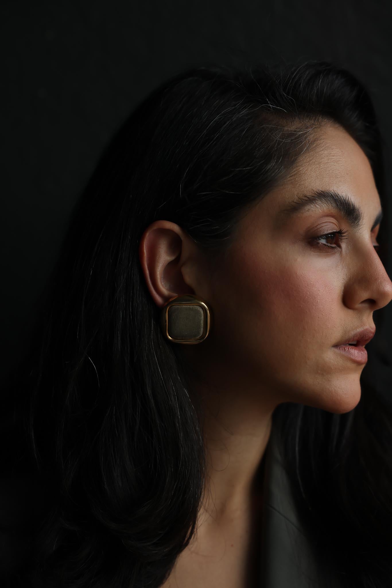 Gold-Tone Square Clip-On Earrings with Grey Suede Center