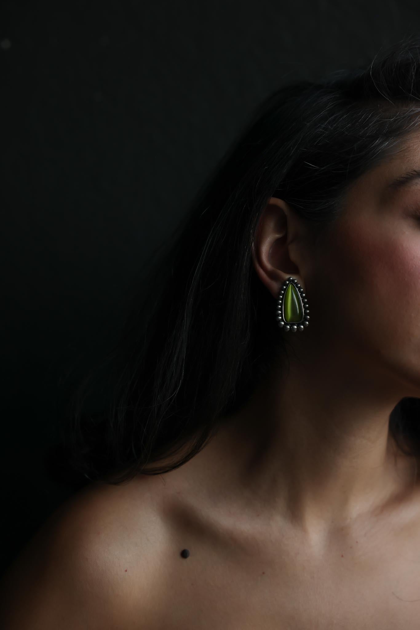 Green Glass Teardrop Clip-On Earrings