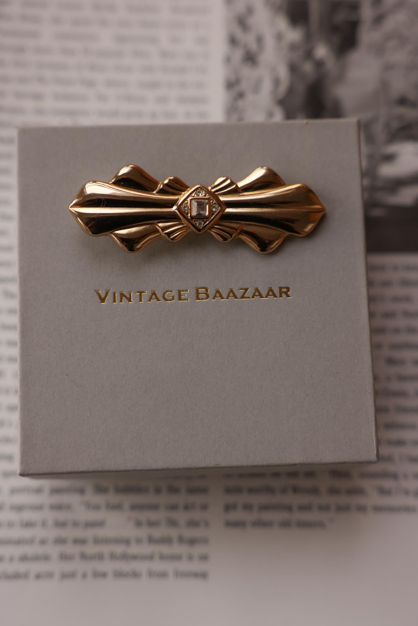 Gold-Tone Brooch with Rhinestone Accents|Vintage Baazaar 