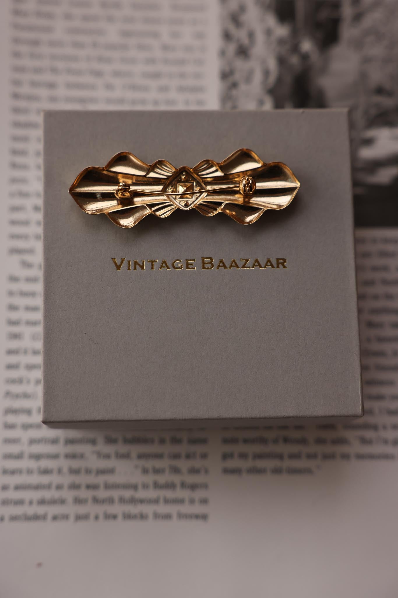 Gold-Tone Brooch with Rhinestone Accents|Vintage Baazaar 