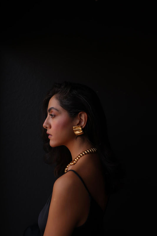 Sculptural Brushed Gold Clip-On Earrings|Vintage Baazaar 