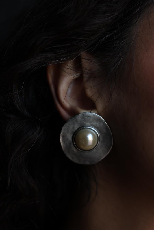 Silver Disc Clip-On Earrings with Faux Pearls