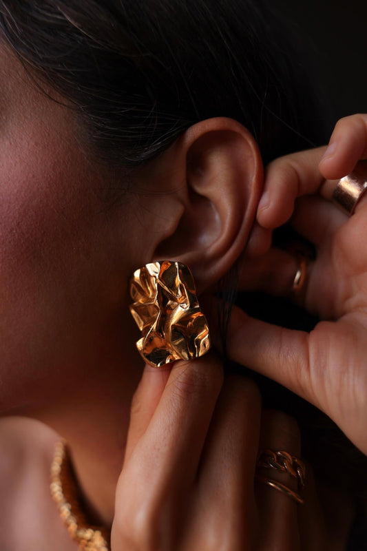 Abstract Crumpled Gold-Toned Pierced Earrings