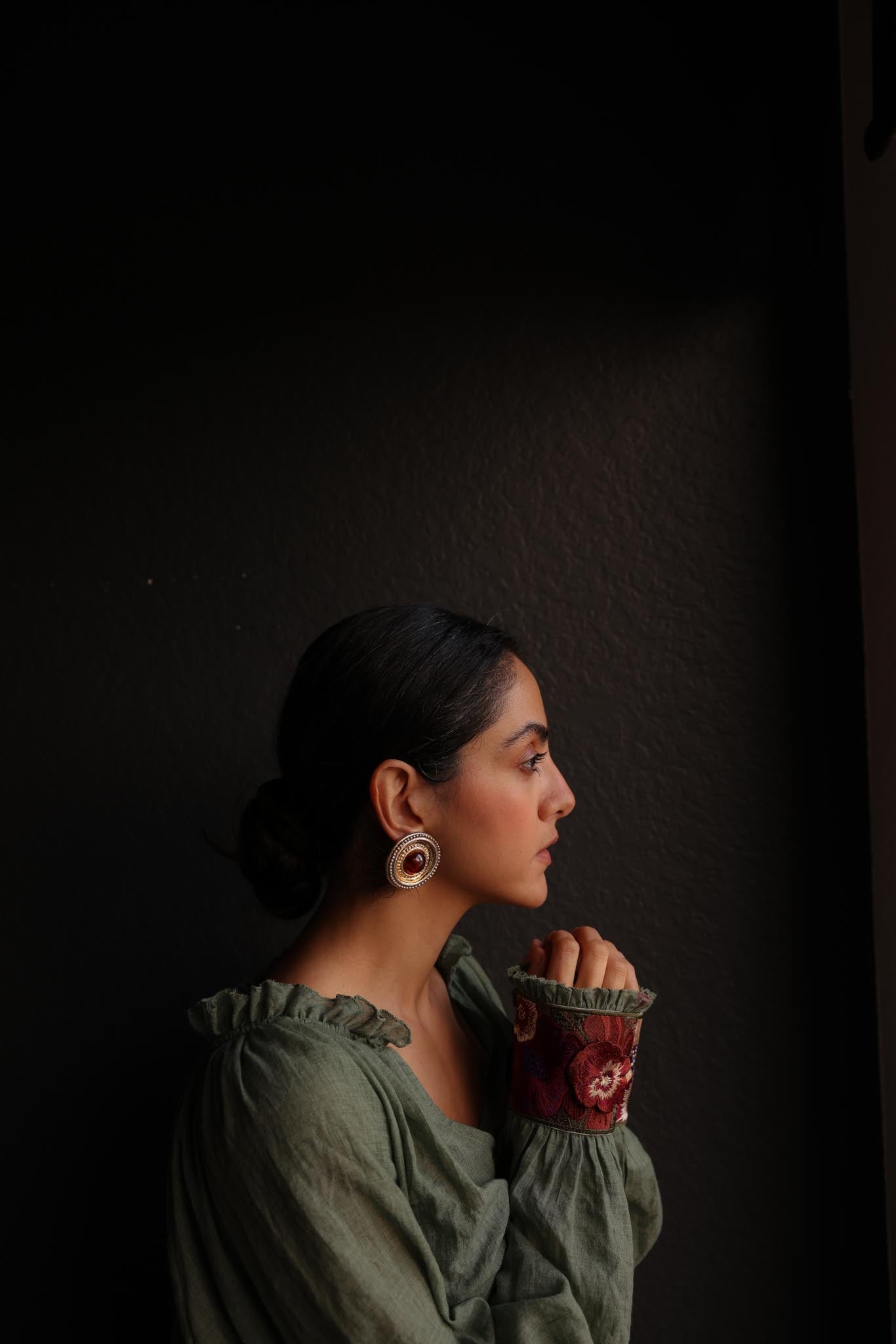 Silver-Toned and Amber  Cabochon Earrings|Vintage Baazaar 