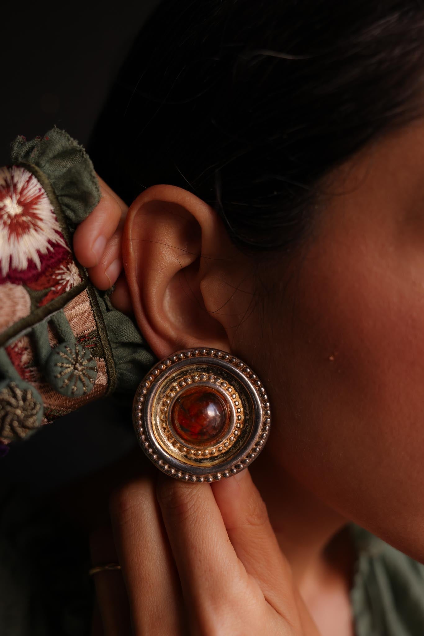 Silver-Toned and Amber  Cabochon Earrings|Vintage Baazaar 