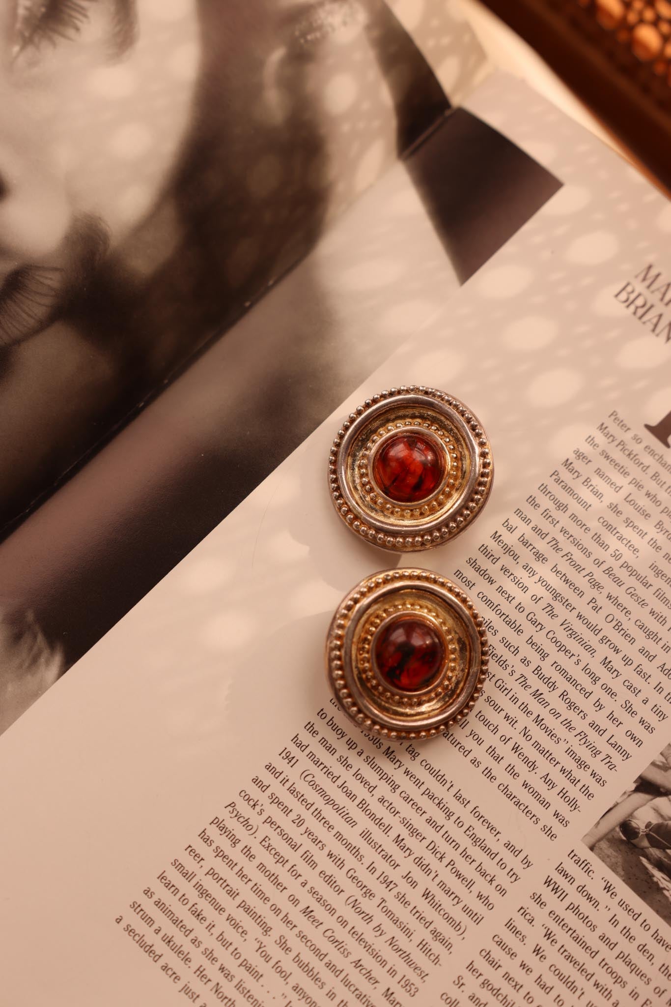 Silver-Toned and Amber  Cabochon Earrings|Vintage Baazaar 