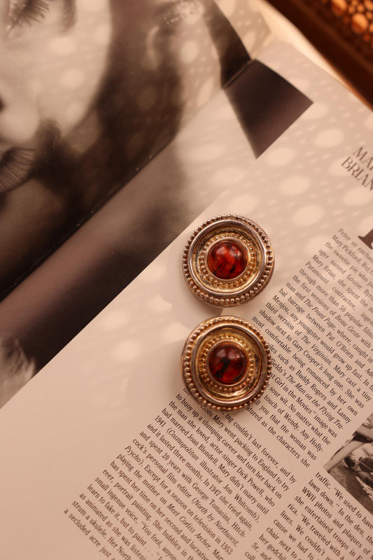 Silver-Toned and Amber  Cabochon Earrings|Vintage Baazaar 