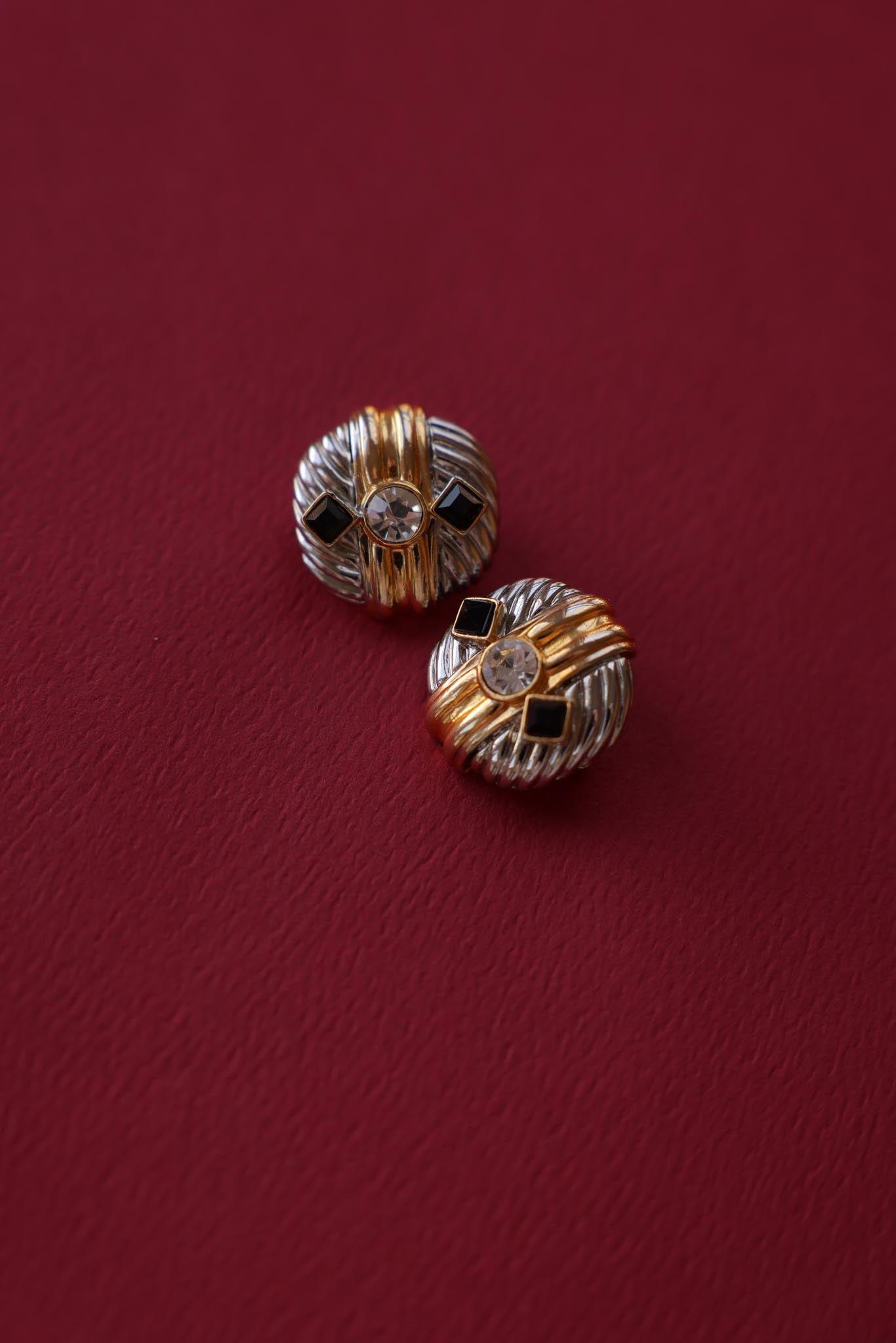 Two-Tone Black and Rhinestone Clip-On Earrings|Vintage Baazaar 