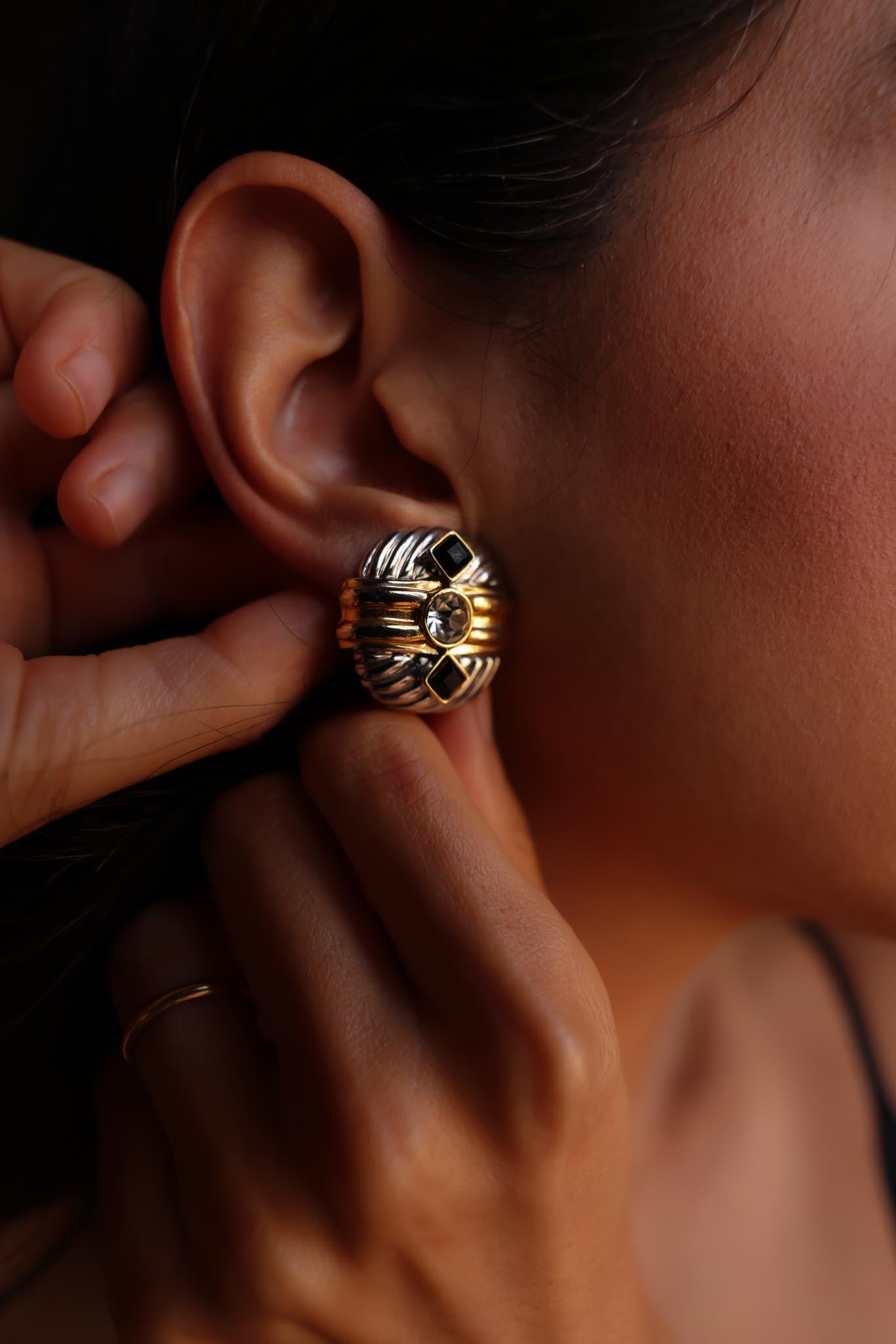 Two-Tone Black and Rhinestone Clip-On Earrings|Vintage Baazaar 