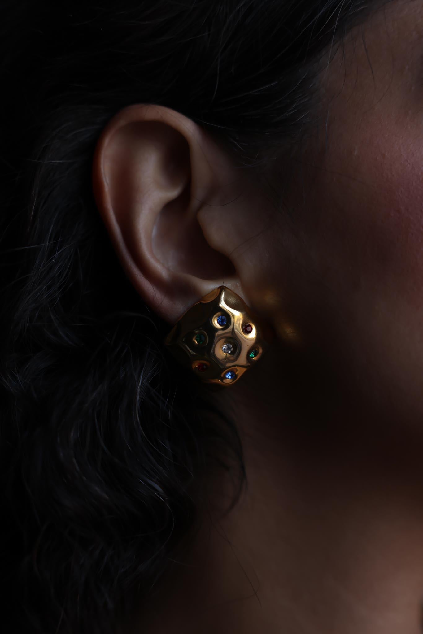 Gold Clip-On Earrings with Multicolor Rhinestones