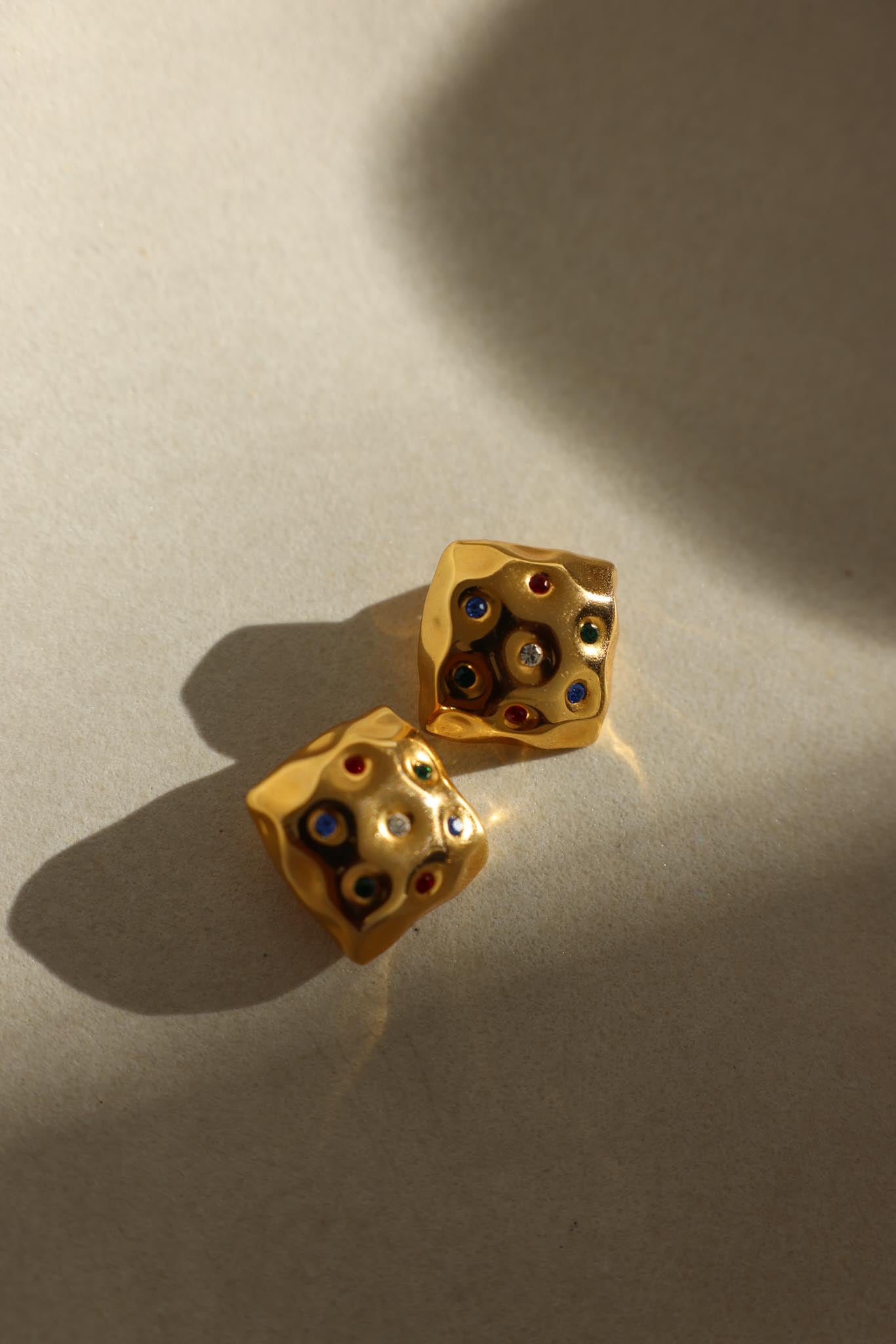 Gold Clip-On Earrings with Multicolor Rhinestones