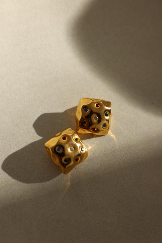 Gold Clip-On Earrings with Multicolor Rhinestones