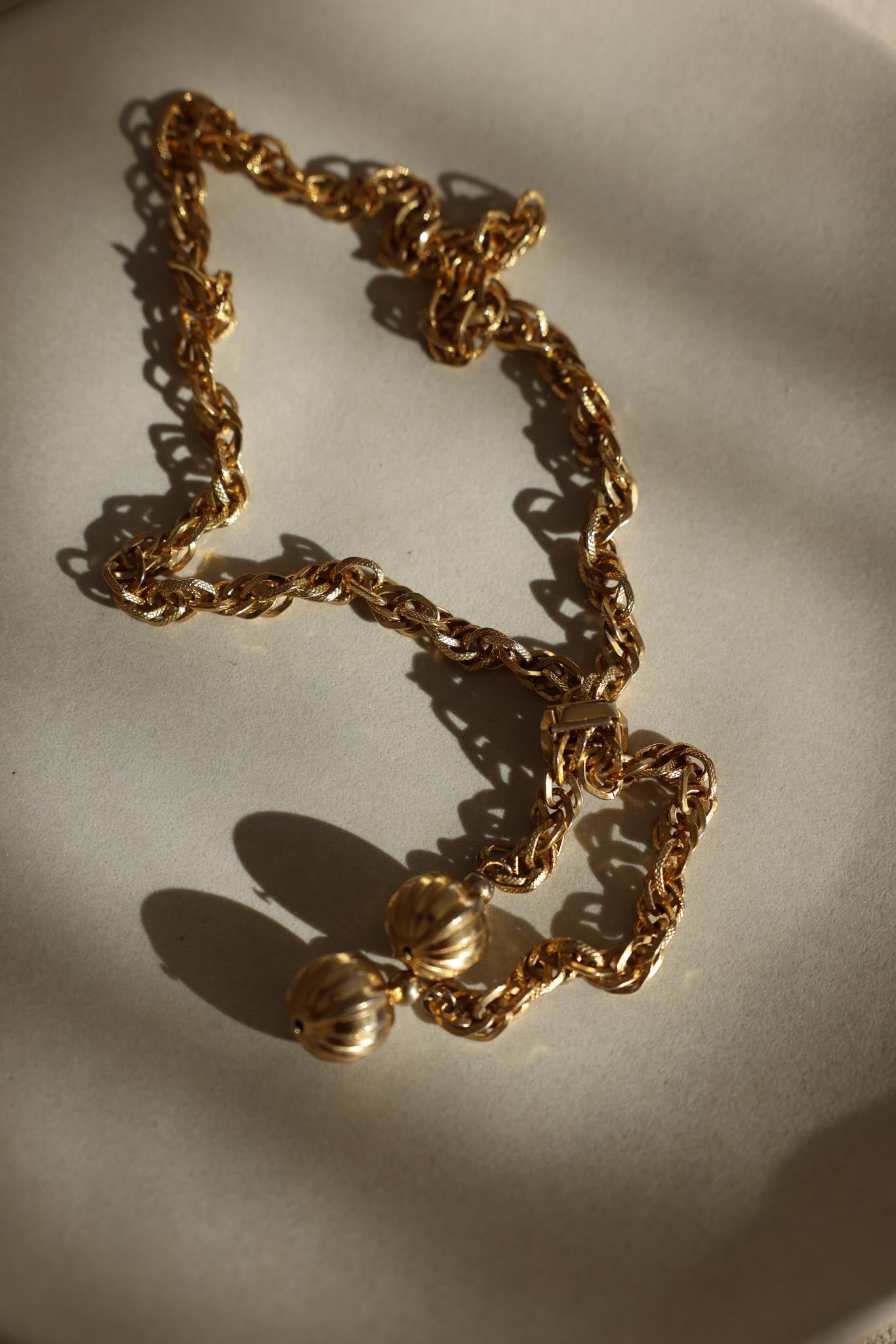 Gold-Tone Rope Chain Necklace with Ribbed Sphere Ends