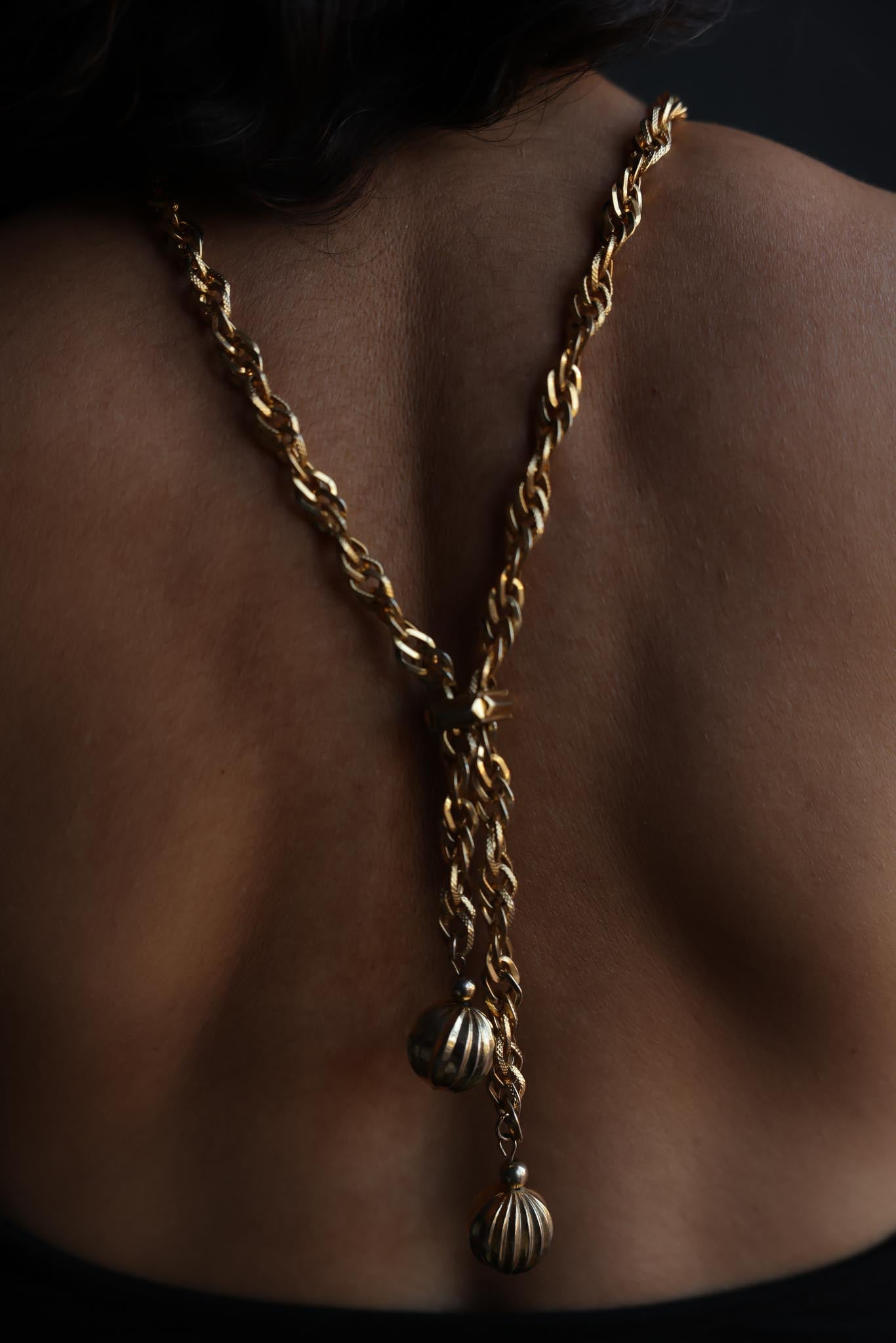 Gold-Tone Rope Chain Necklace with Ribbed Sphere Ends