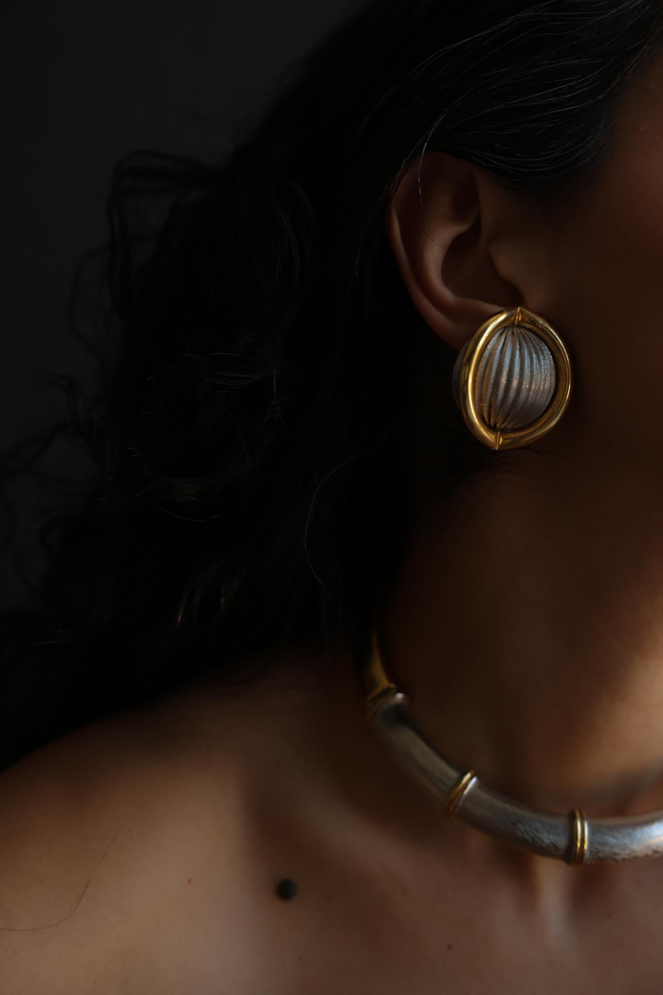Two-Tone Ribbed Dome Clip-On Earrings