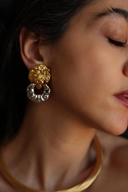 Two-Tone Lion Head Door Knocker Clip-On Earrings