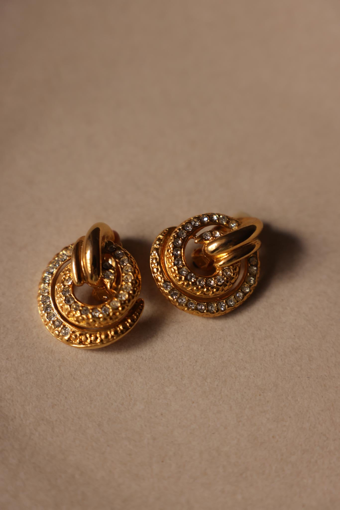 Gold-Tone Rhinestone Swirl Clip-On Earrings|Vintage Baazaar 