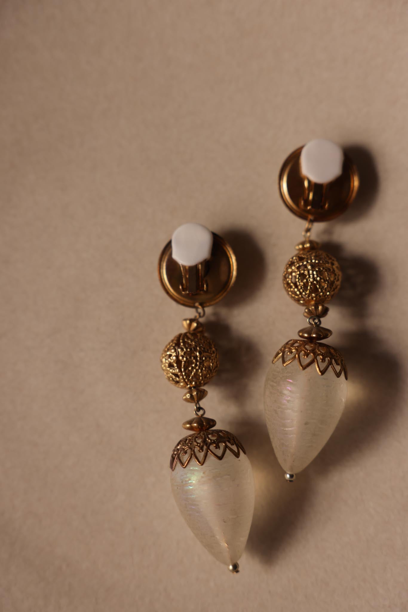 Gold-Tone Filigree Drop Clip-On Earrings with Clear Lucite Teardrop|Vintage Baazaar 
