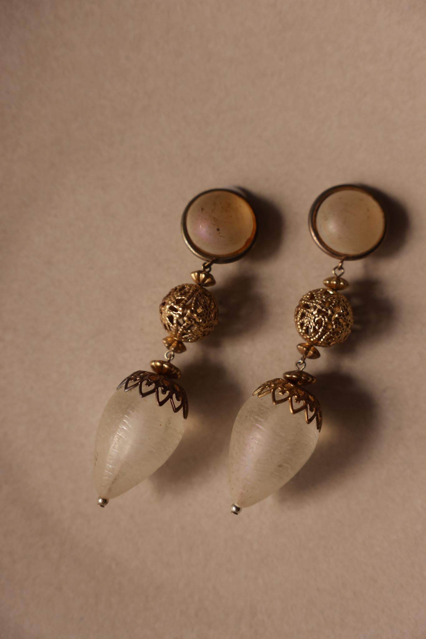 Gold-Tone Filigree Drop Clip-On Earrings with Clear Lucite Teardrop|Vintage Baazaar 