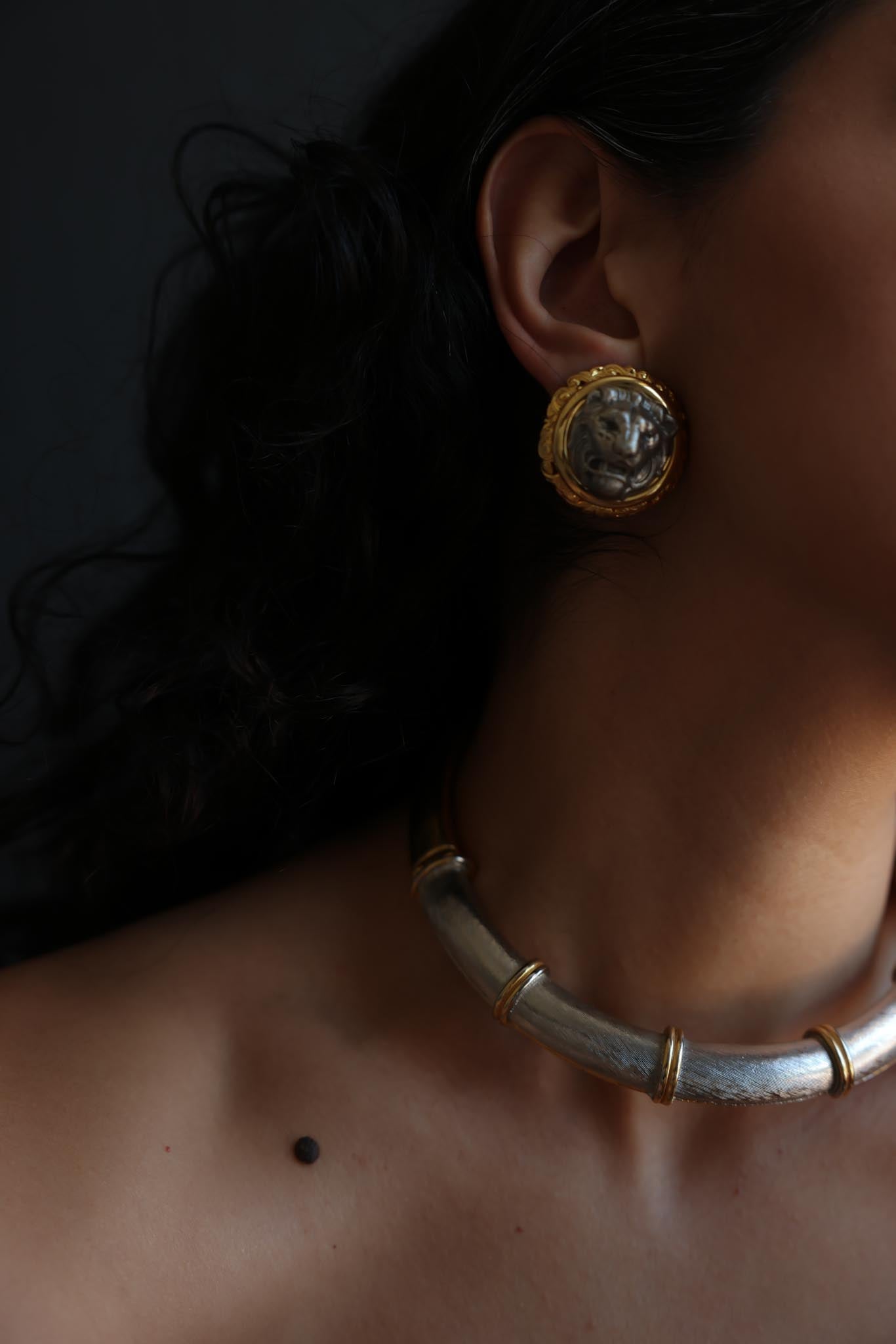 Two-Tone Lion Head Clip-On Earrings