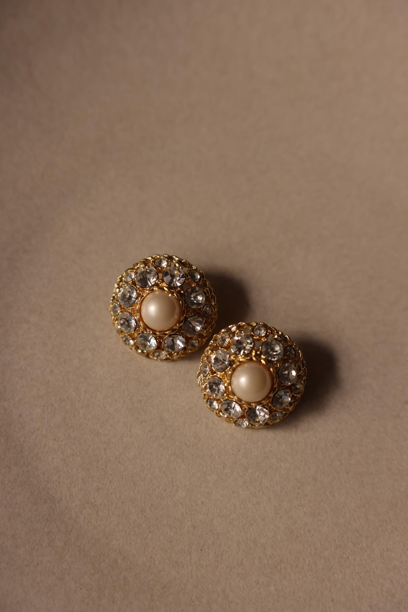 Gold Tone Rhinestone Faux Pearl Clip-On Earrings