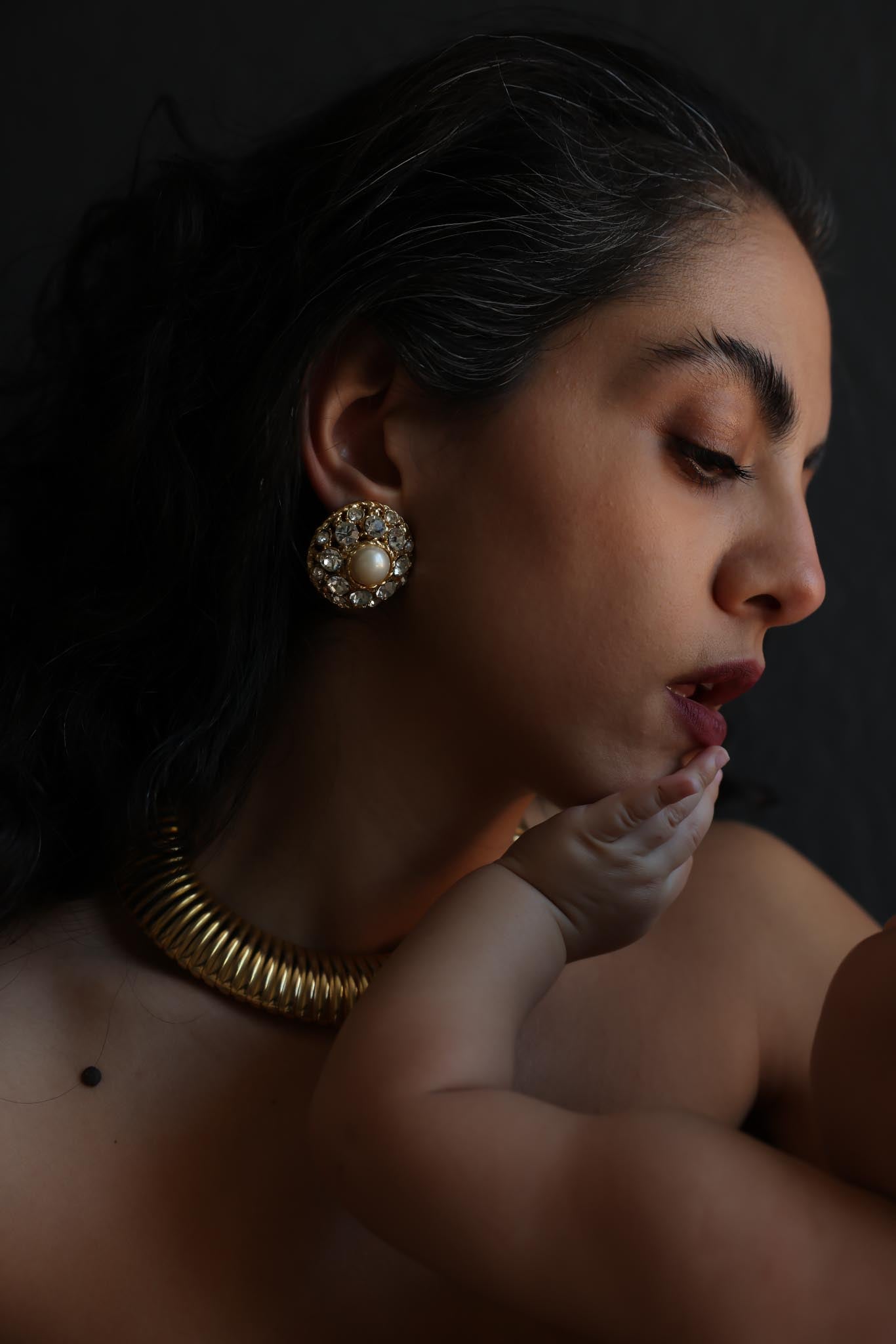 Gold Tone Rhinestone Faux Pearl Clip-On Earrings