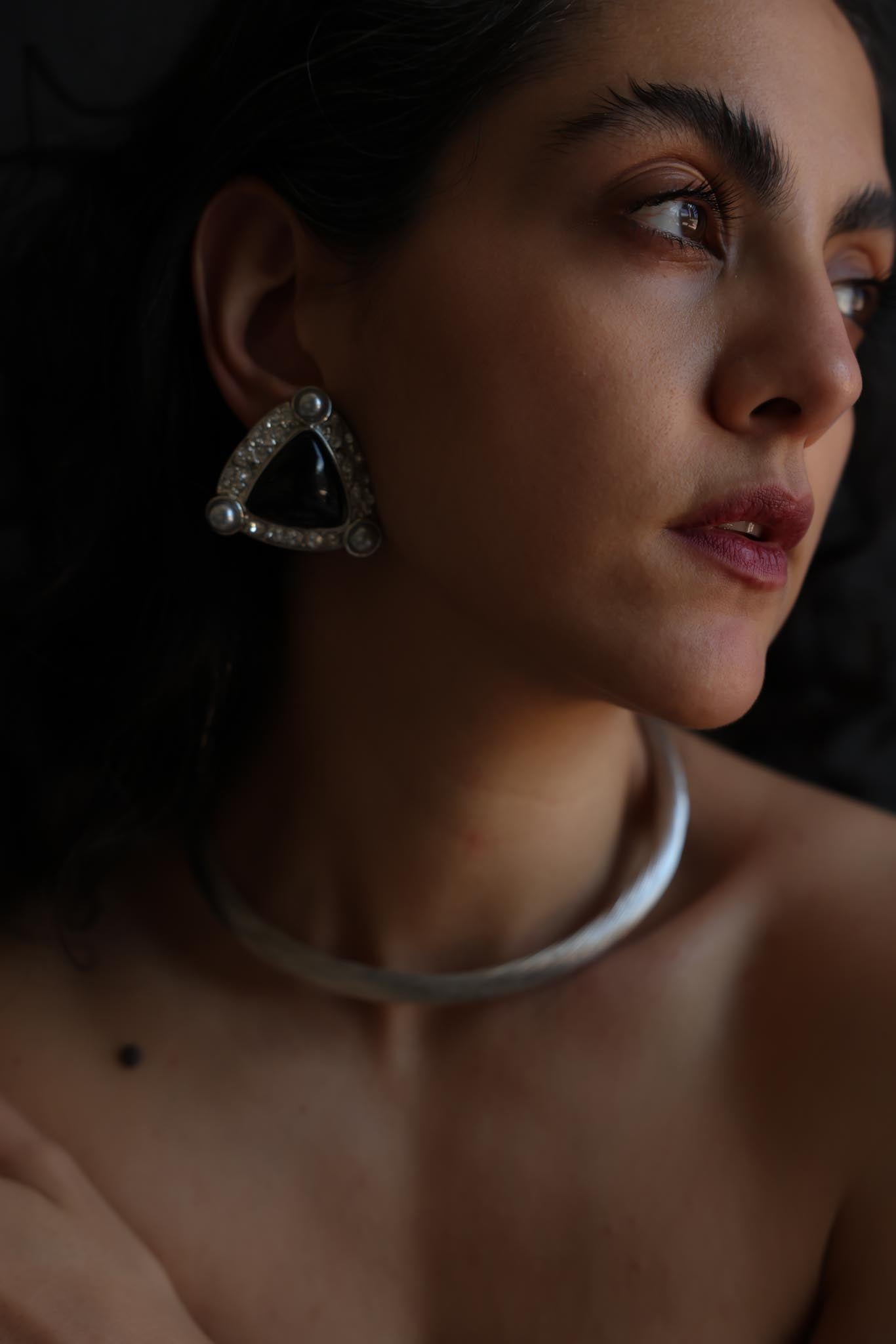 Triangle Rhinestone Faux Pearl Clip-On Earrings|Vintage Baazaar 