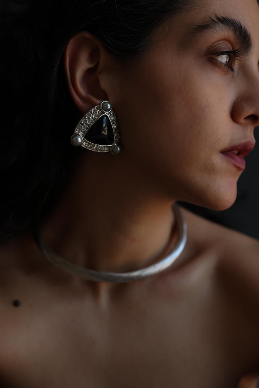 Triangle Rhinestone Faux Pearl Clip-On Earrings|Vintage Baazaar 