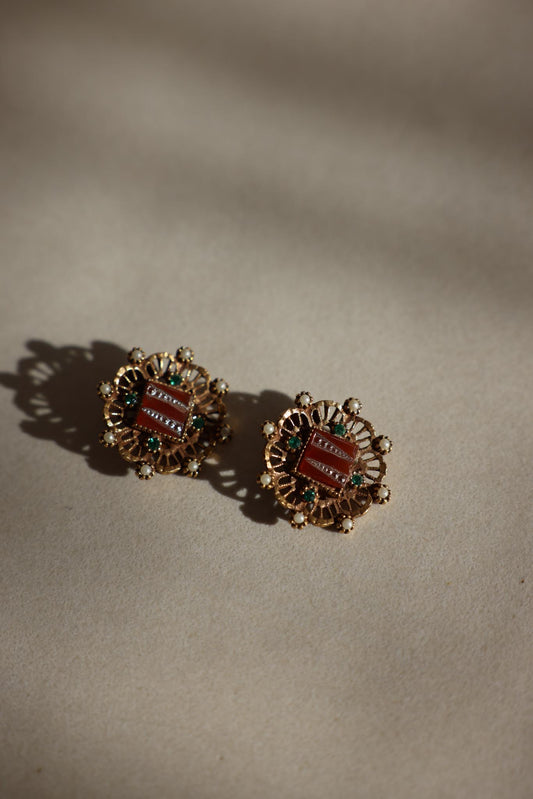 Gold-Tone Filigree Clip-On Earrings with Enamel and Faux Pearls