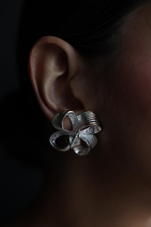 Silver-Tone Ribbon Flower Clip-On Earrings