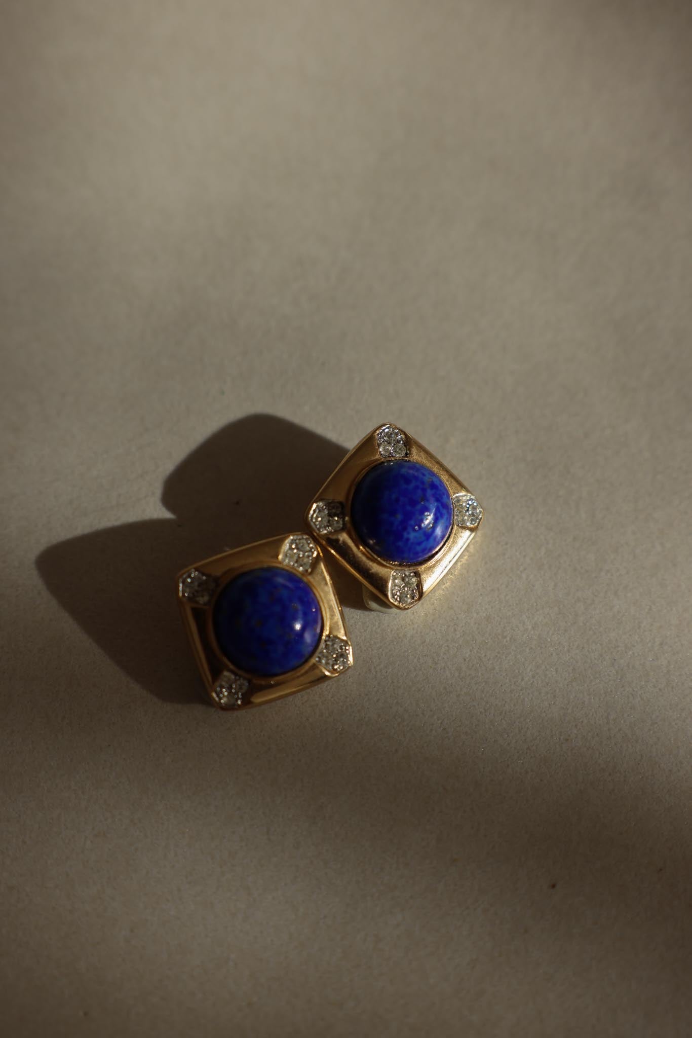 Gold-Tone Blue Glass Cabochon Clip-On Earrings with Rhinestone Accents