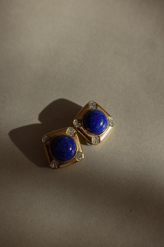 Gold-Tone Blue Glass Cabochon Clip-On Earrings with Rhinestone Accents