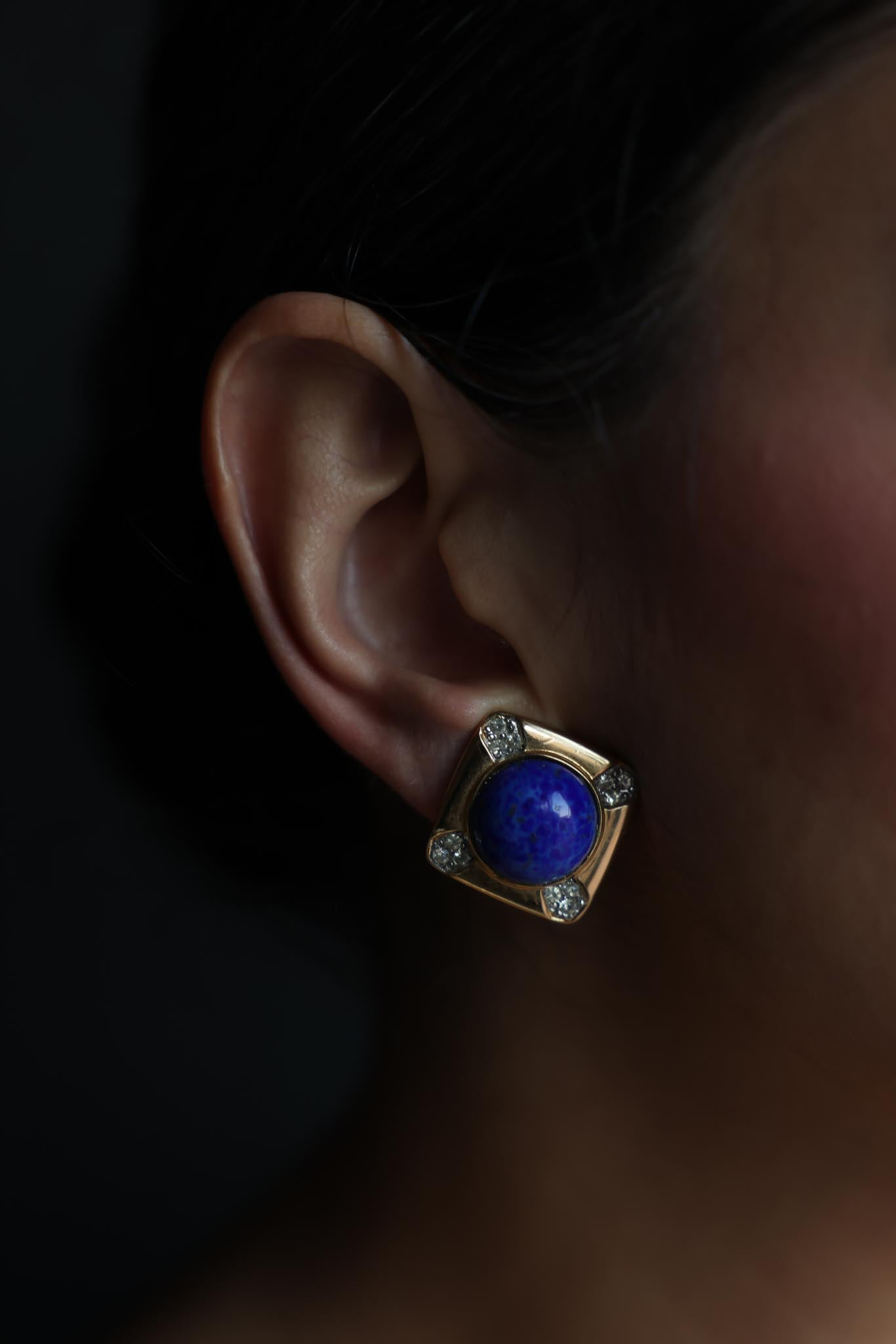 Gold-Tone Blue Glass Cabochon Clip-On Earrings with Rhinestone Accents