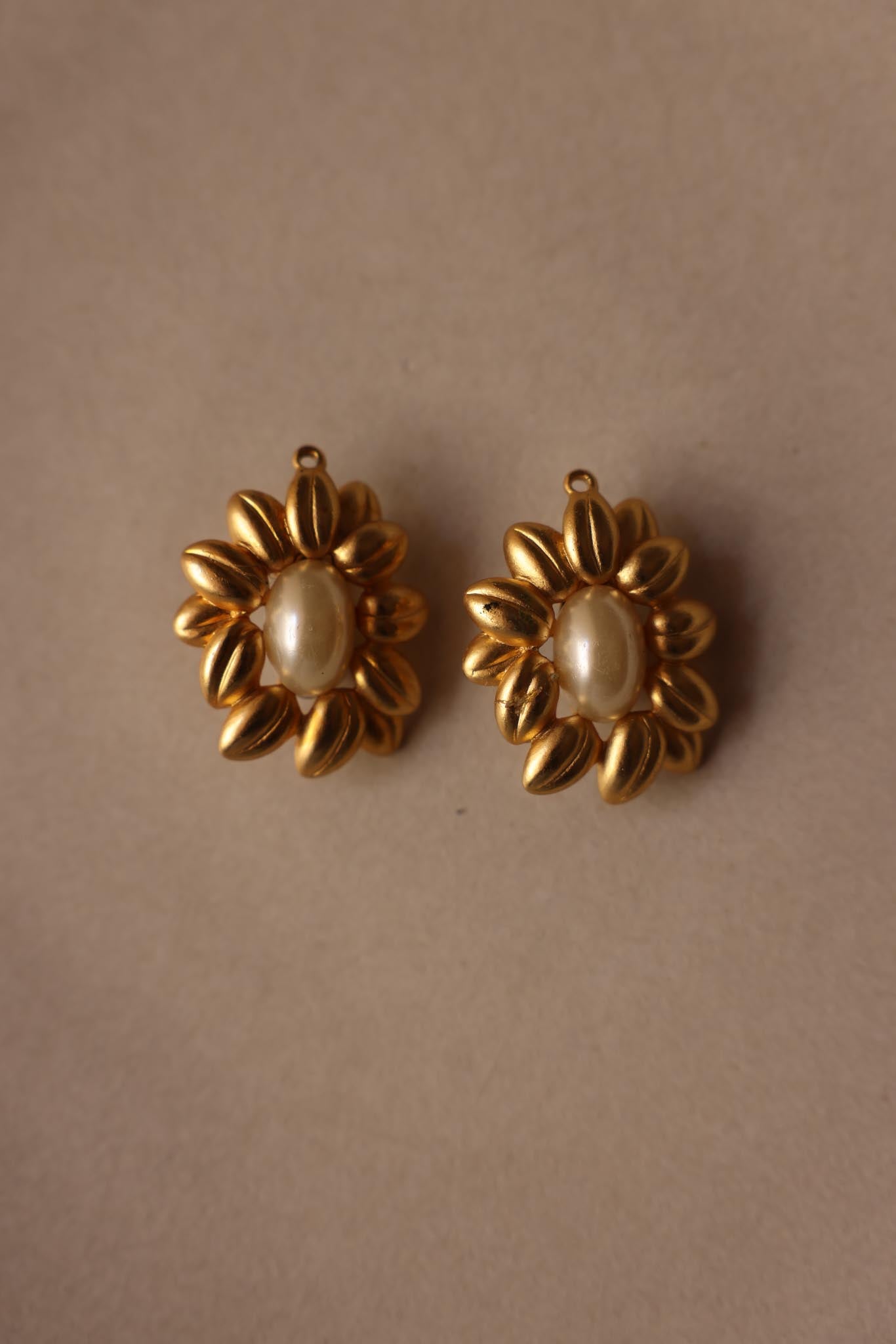 Golden Petal Clip-On Earrings with Faux Pearl Center|Vintage Baazaar 