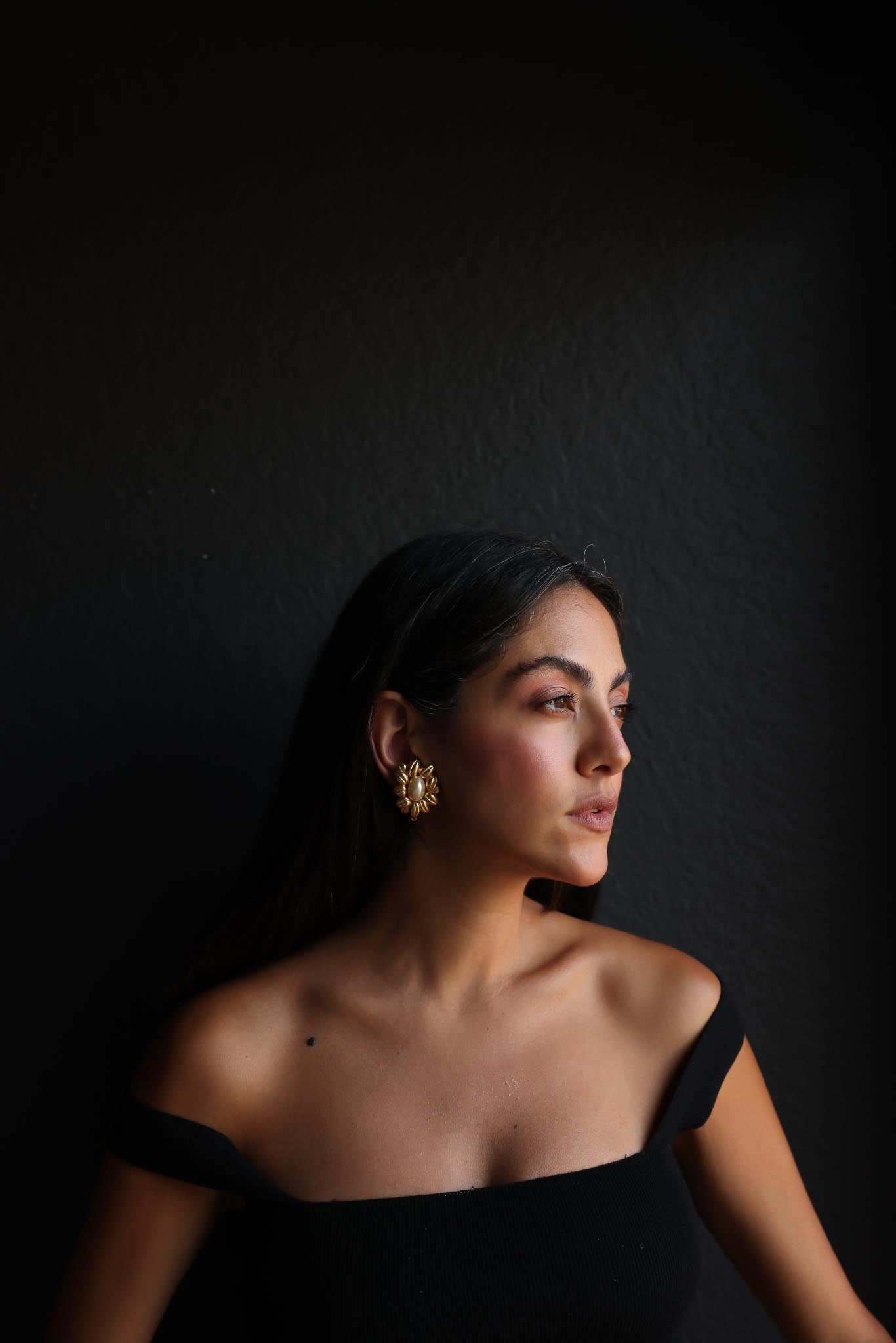 Golden Petal Clip-On Earrings with Faux Pearl Center|Vintage Baazaar 