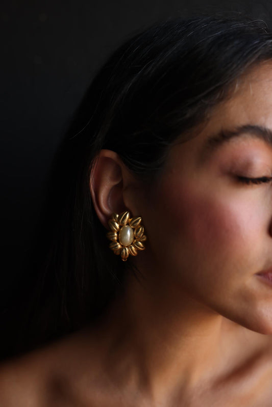Golden Petal Clip-On Earrings with Faux Pearl Center|Vintage Baazaar 