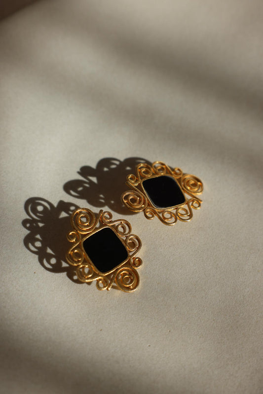 Gold-Tone Scroll Clip-On Earrings with Black Centers