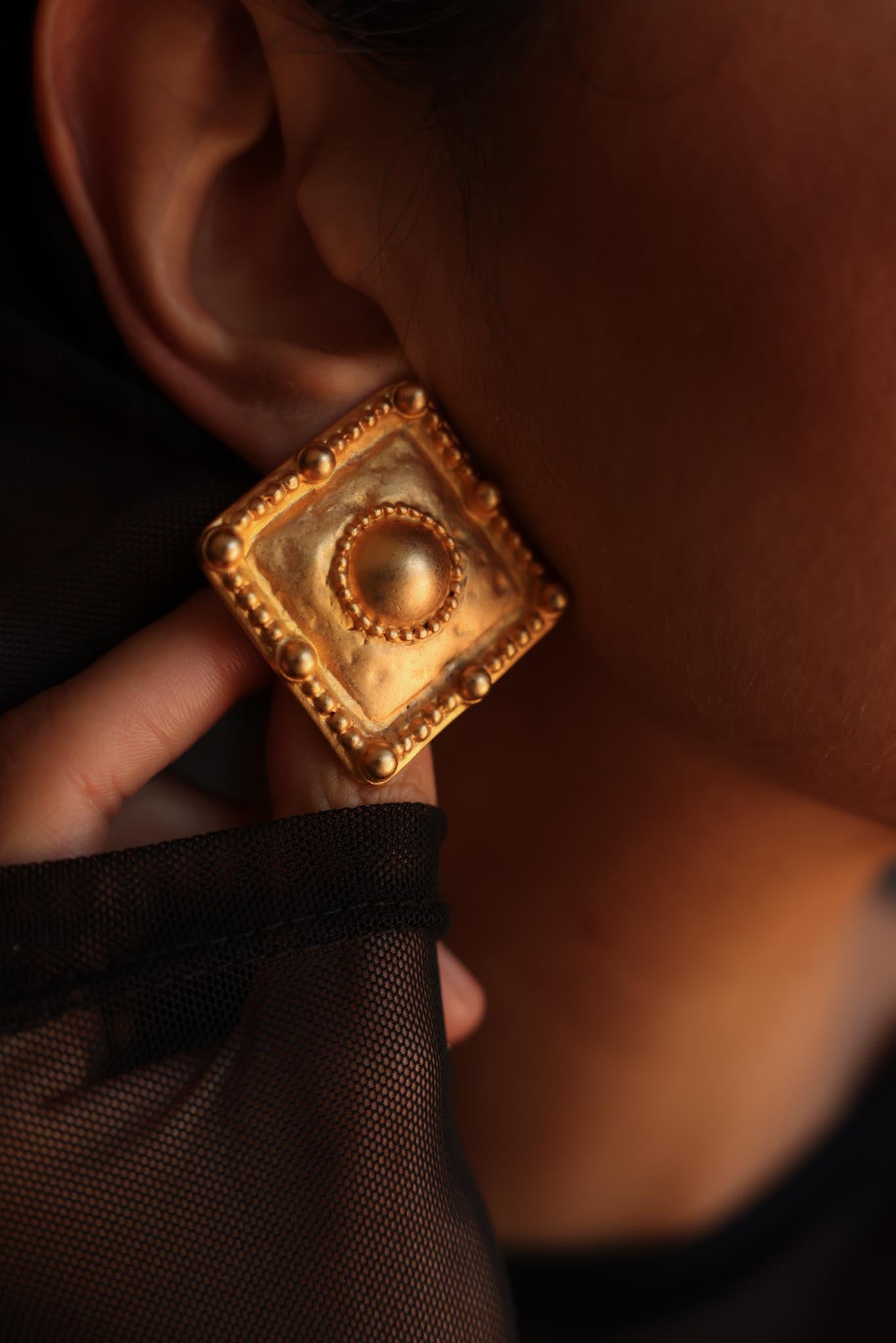 Regal Gold Medallion Clip-On Earrings|Vintage Baazaar 