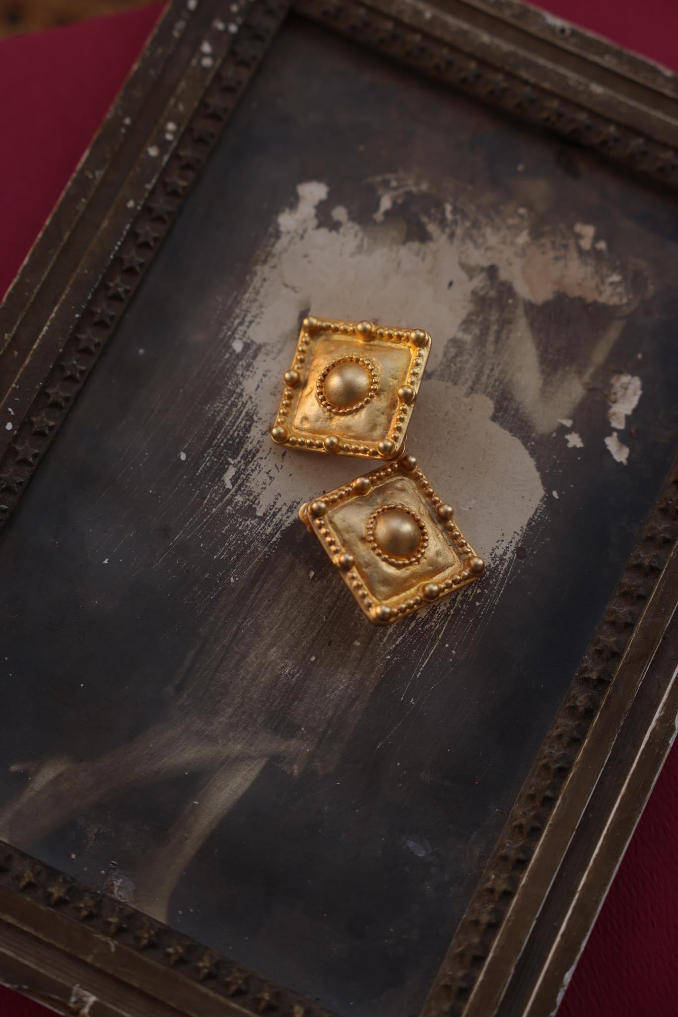 Regal Gold Medallion Clip-On Earrings|Vintage Baazaar 