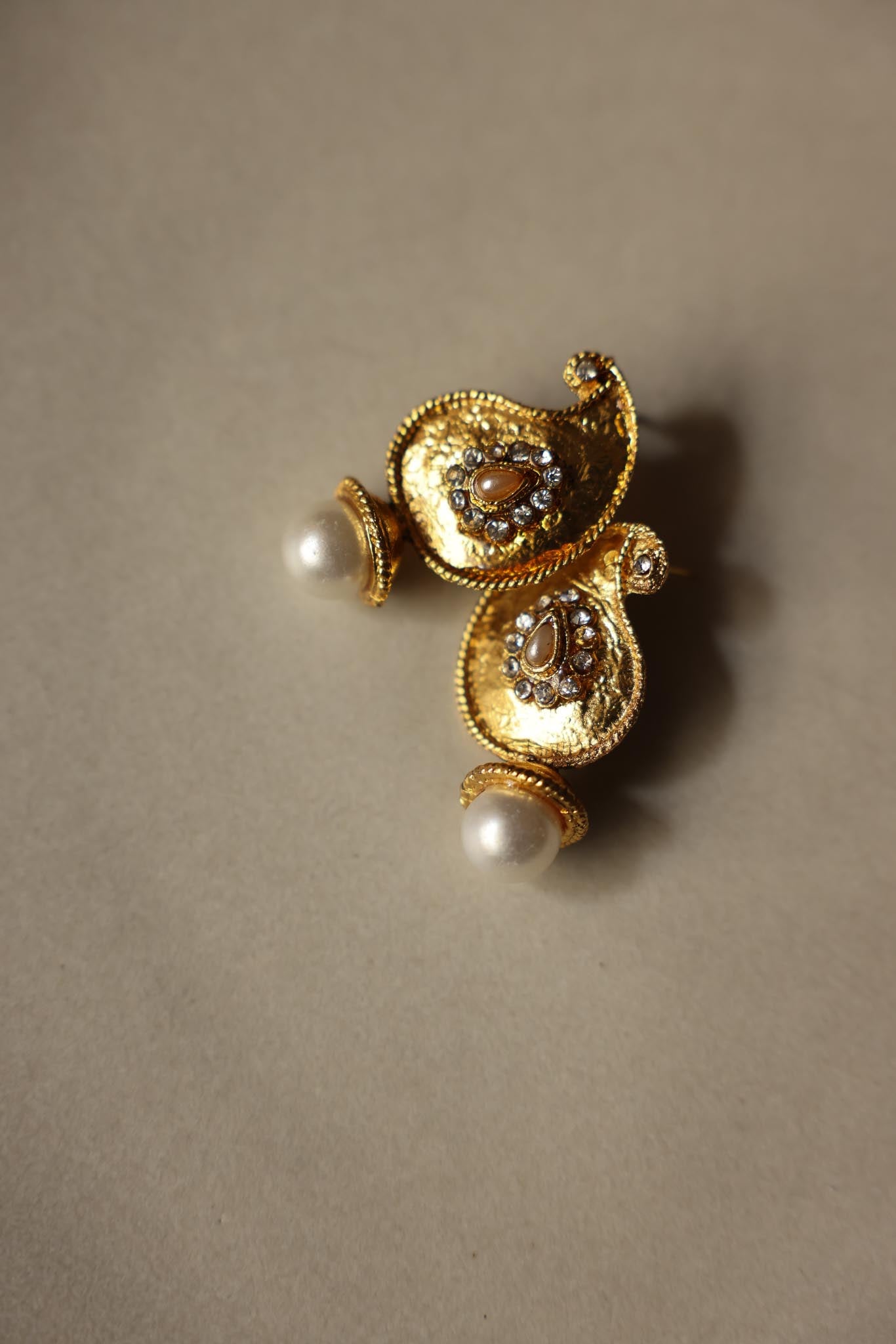 Golden Paisley Earrings with Faux Pearls|Vintage Baazaar 