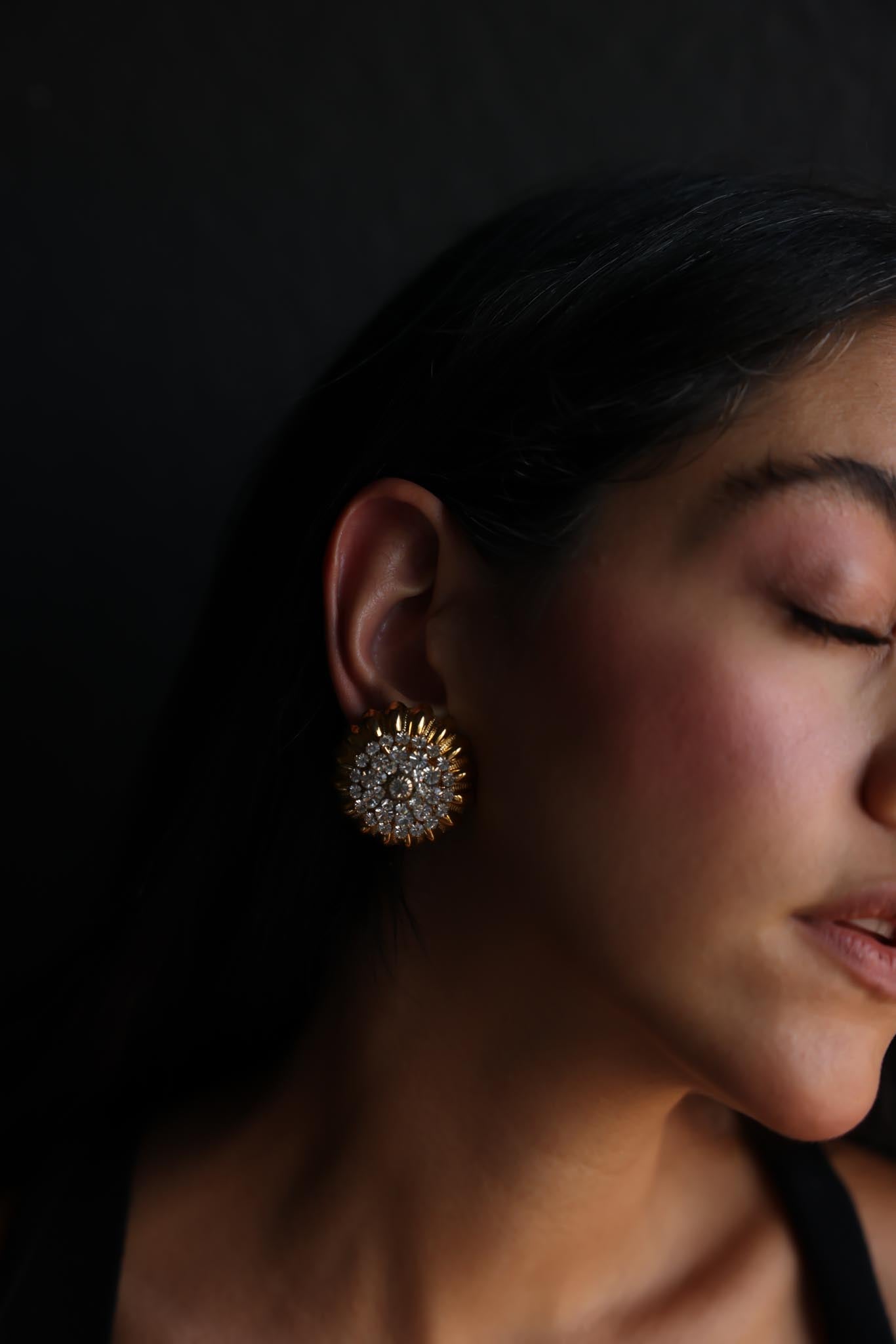 Gold Radiance Rhinestone Clip-On Earrings|Vintage Baazaar 