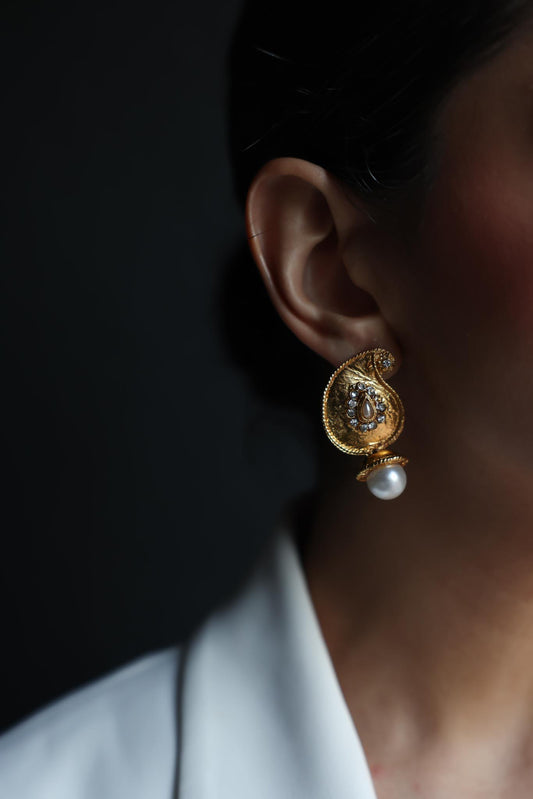Golden Paisley Earrings with Faux Pearls|Vintage Baazaar 