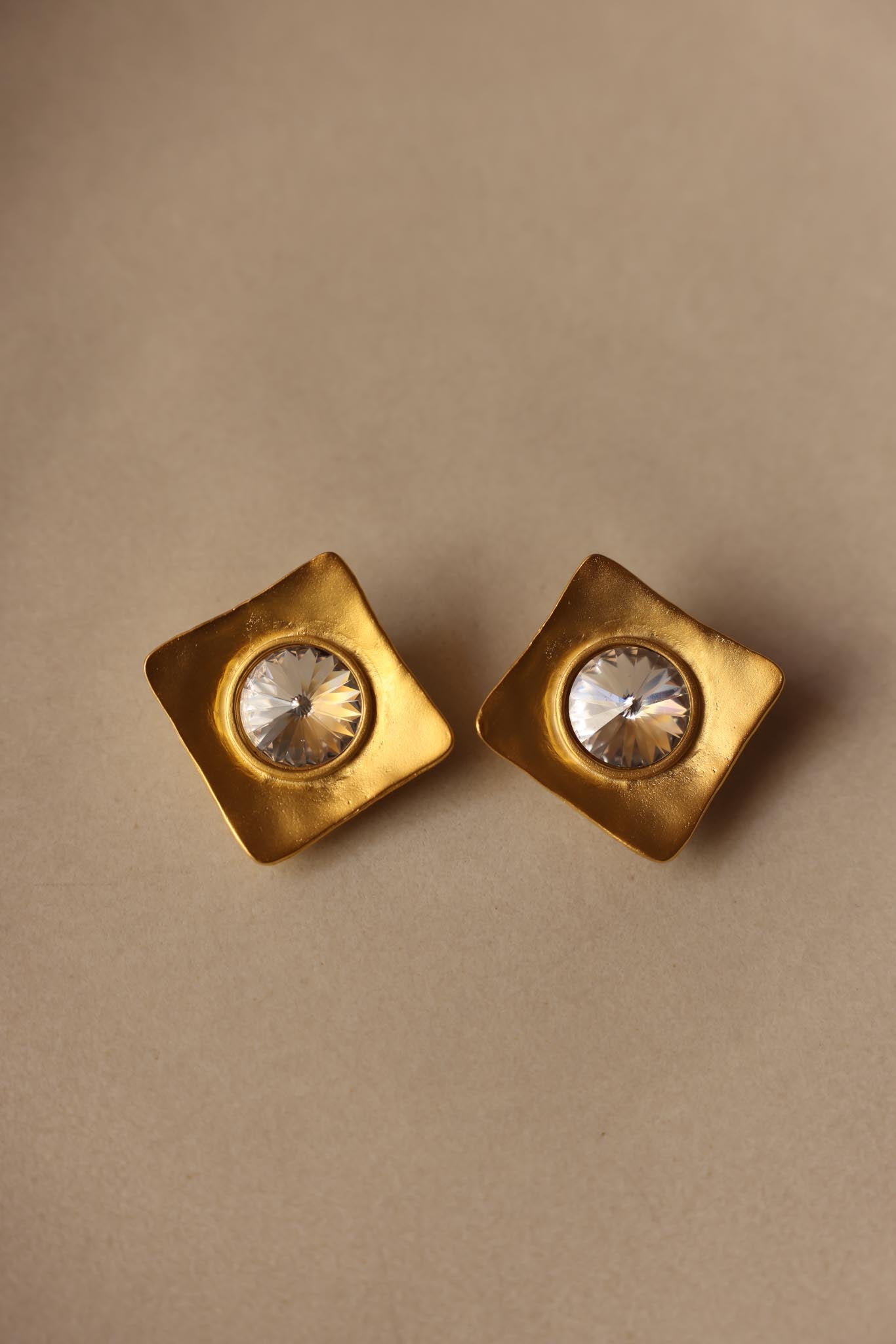 Sculpted Gold Clip-On Earrings with Crystal Centers|Vintage Baazaar 