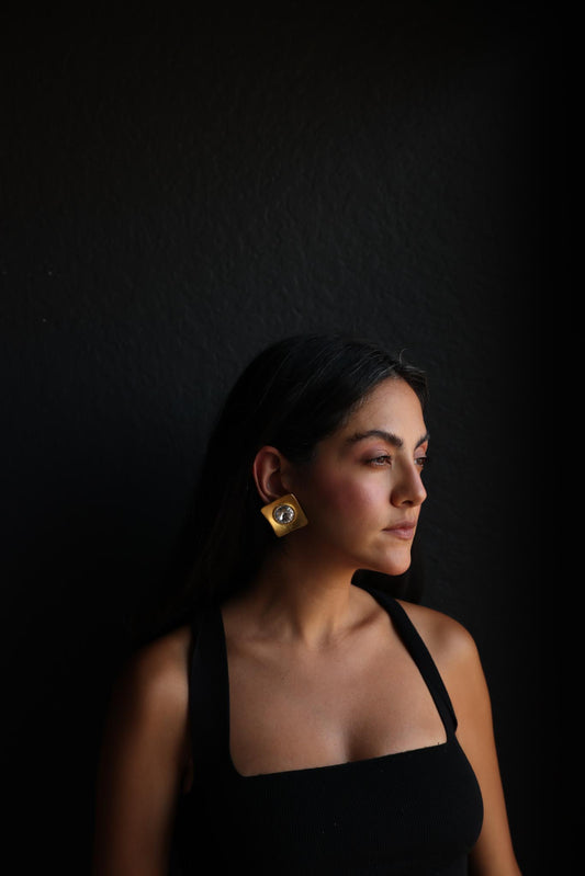 Sculpted Gold Clip-On Earrings with Crystal Centers|Vintage Baazaar 