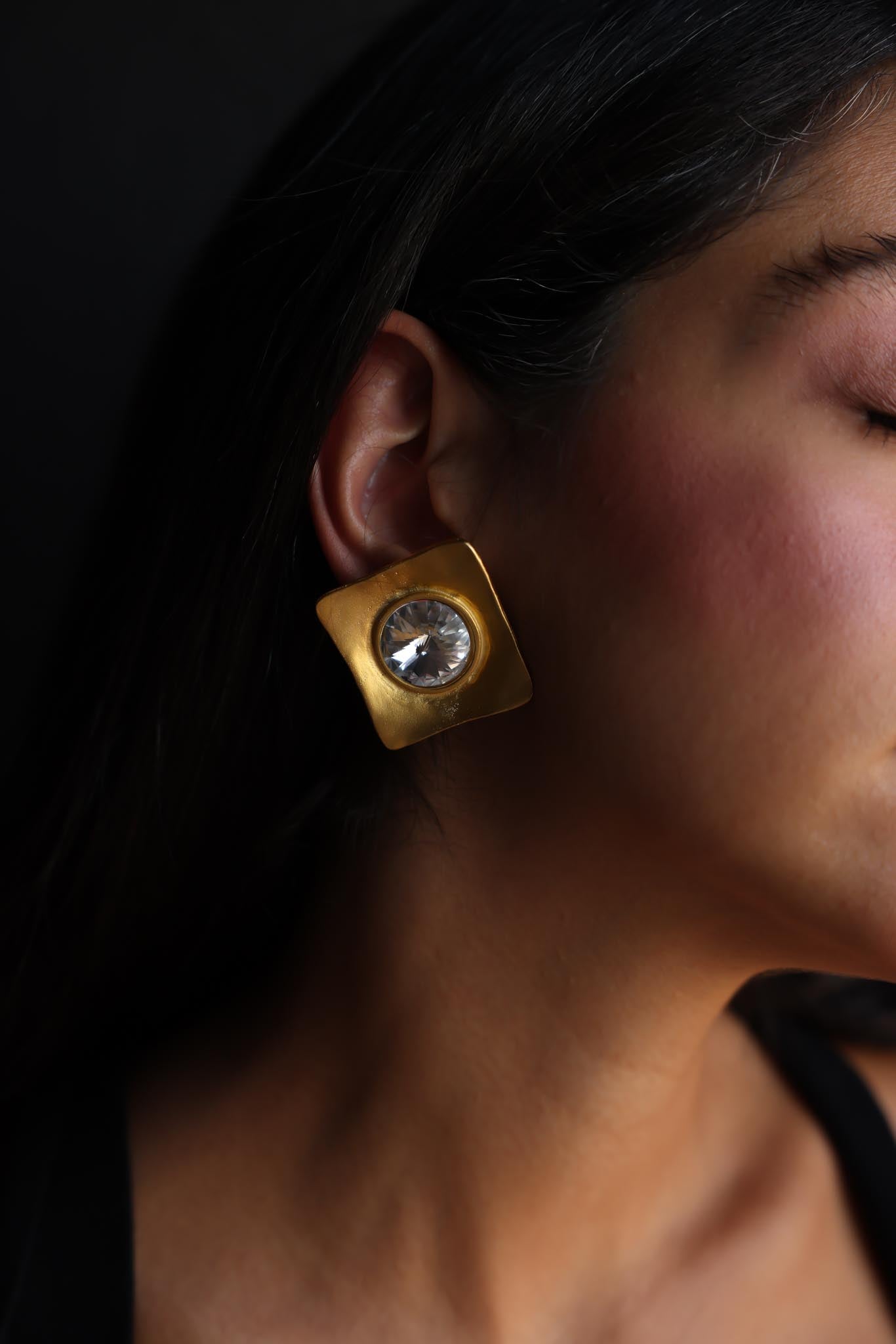 Sculpted Gold Clip-On Earrings with Crystal Centers|Vintage Baazaar 